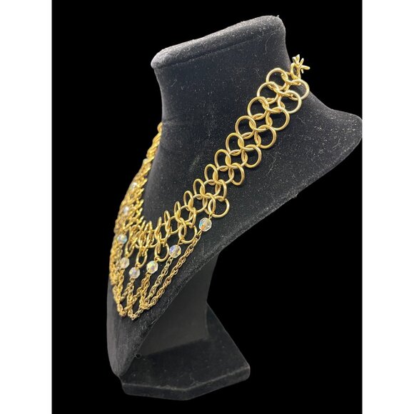 Vintage Collar Necklace Layered Interlocking Gold Tone AB Crystal Chain 18”L - Picture 3 of 5